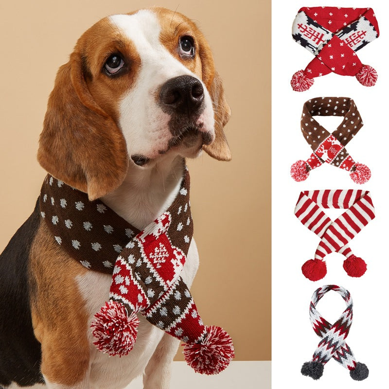 Christmas Knitted Reindeer Striped Pom-Pom Pet Scarf for Cats, Dogs, and Teddy Bears