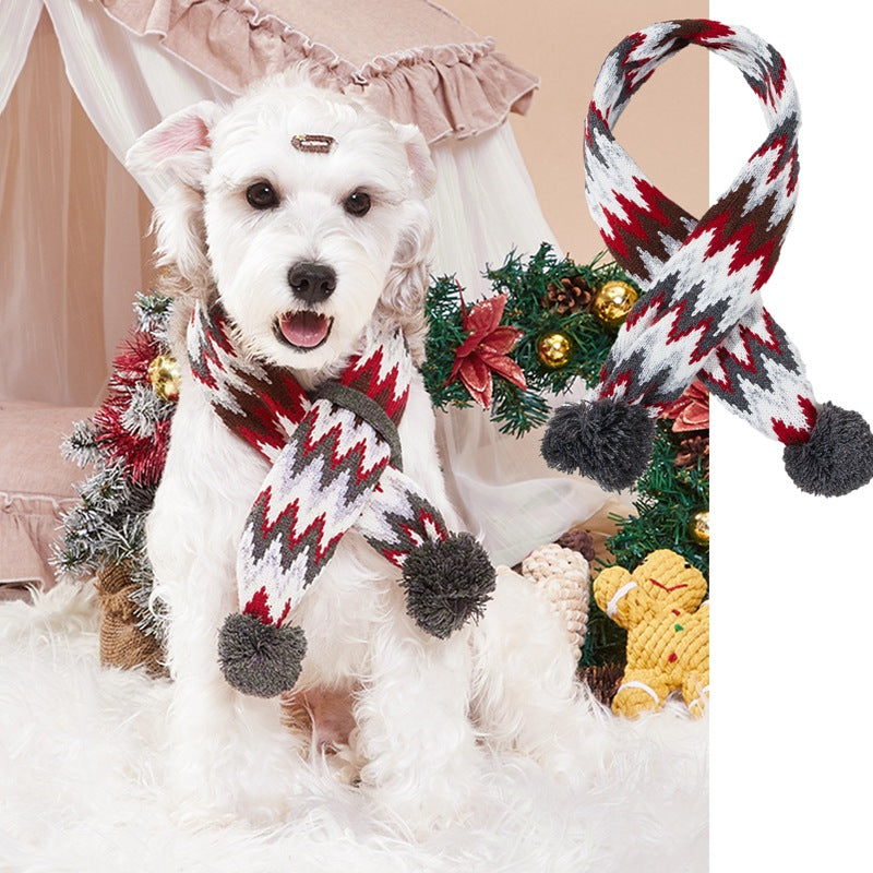 Christmas Knitted Reindeer Striped Pom-Pom Pet Scarf for Cats, Dogs, and Teddy Bears