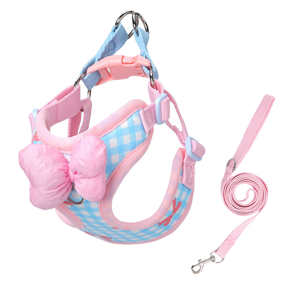 New style pet leash with bow, checkered pattern, Korean style, specially designed for small dogs, explosion-proof.