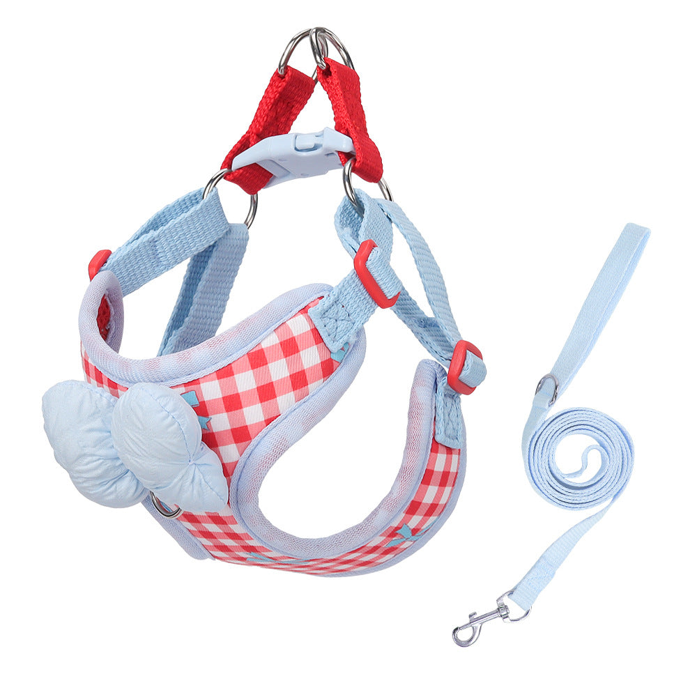 New style pet leash with bow, checkered pattern, Korean style, specially designed for small dogs, explosion-proof.